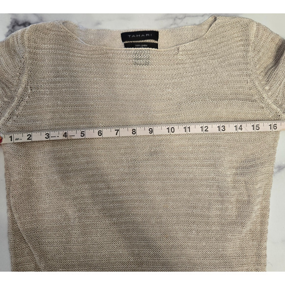 Tahari Sweater Womens XS Beige Linen Boat Neck Open Knit Minimalist Lightweight - Picture 7 of 10